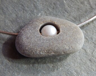 Drilled Beach Stone Necklace with Freshwater Pearl and Sterling Silver Cable Chain; pebble necklace, rock necklace, stone and pearl necklace