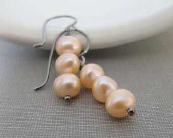 Pearl Earrings, Pale Peach Pearls, Silver Earrings, Peach Pearl Trio, Dangle Earrings, Sterling Silver, Pearl Jewelry, Silver Jewelry