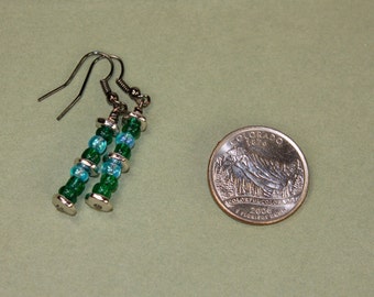 Handmade Stacked Bead Earrings, Gift Under 20, Everyday Jewelry, Czech glass beads, silver beads, aqua and green