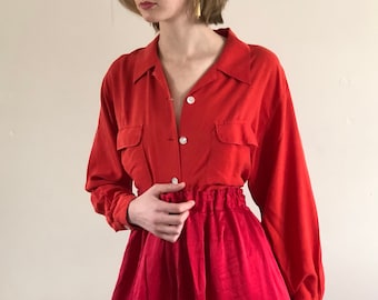 vintage silk blouse / red silk blouse / vintage silk shirt pocket shirt | s m l