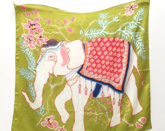 Elephant on Green Silk Scarf