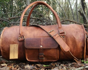 Hand Made Chic Rustic Leather Travel Bag 100% Real Leather Weekend Bag Holdall Overnight Holiday Vacation Duffel