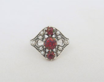 Vintage Sterling Silver Orange Opal & Seed Pearl Ring Size 8