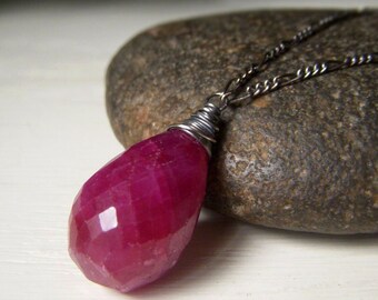 Real Ruby Necklace, Large Ruby, Oxidized Sterling Silver, 30 Inches, Genuine Red Gemstone Wirewrapped Briolette, Long Layering Necklace