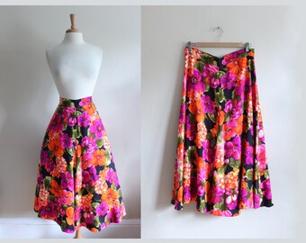 Vintage Purple & Orange Neon Bright Floral Midi Skirt