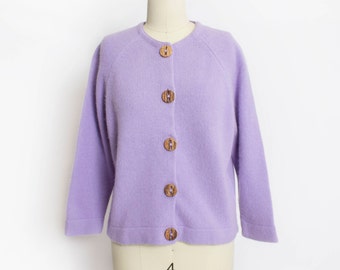 Vintage 1960s Sweater - Purple Wool Knit Fitted Cardigan - Small