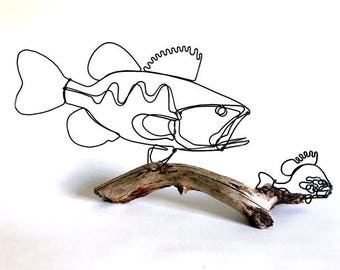 Fish Wire Sculpture, Bass Wire Sculpture, Wire Folk Art, Fish Chase Scene, 537540892