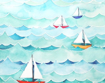 Sailboats with Waves Watercolor Painting Print