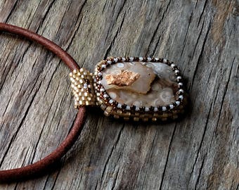 Beaded Cabochon Beaded Bale Necklace - Bead Weaving - Statement Necklace - Agate Cabochon - Limestone - Leather Cord - BOHO