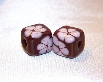 Handmade Lampwork Glass Flower Lampwork Cube Bead Pair by Cara