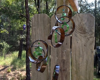 brown, green, GLASS WINDCHIMES-RECYCLED bottles, eco friendly wind chime, garden decor, wind chimes, musical, home decor, mobile