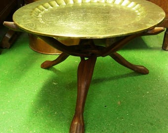 Vintage Indian Lions hunting Deer Engraved Brass Tray Tripod Table