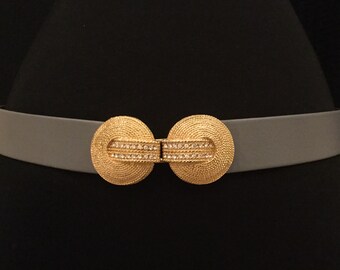 Gay Boyer Signed Gold Tone Rhinestone Buckle and Gray Belt