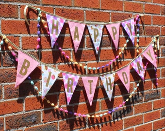 Happy Birthday Fabric Bunting Banner Pink Gold