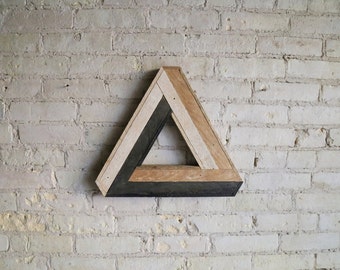 Reclaimed Wood Wall Art, Decor, Lath, Penrose Triangle Small, Geometric Pattern, Escher