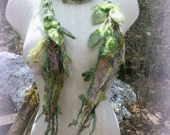 silk scarf lariat spring fantasy fiber art yarn braid adornment - lady of leaves