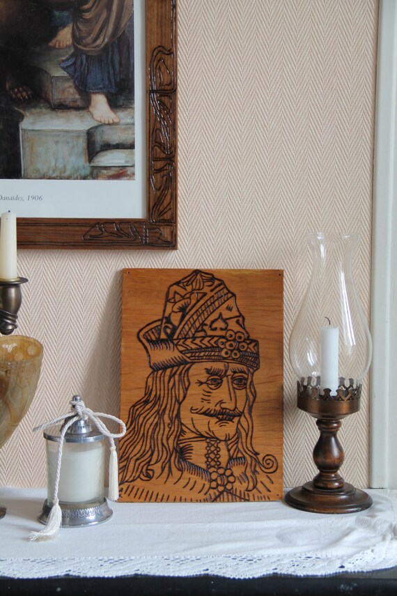 Dracula wooden board carved with Vlad Tepes portrait from an