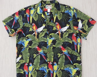 Vintage Hawaiian Shirt PARADISE FOUND Black Macaw Aloha Shirt Tropical Print Parrot Party Surfer Mens Camp - XL - Oahu Lew's Shirt Shack