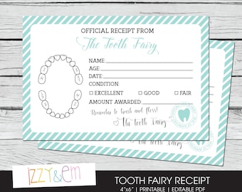 Tooth Fairy Receipt - Tooth Fairy Note - Printable Tooth Fairy Report - Lost Tooth Records - Tooth Fairy Certificate - Instant Download