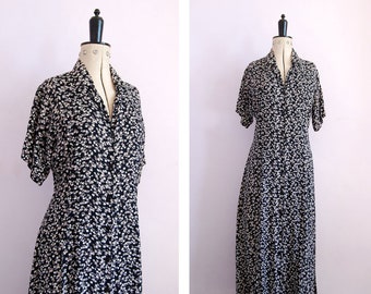 Vintage 1990s navy grunge ditsy floral dress - 90s floral dress - 90s rayon dress - 90s Tea dress - 90s button down dress - 90s grunge dress