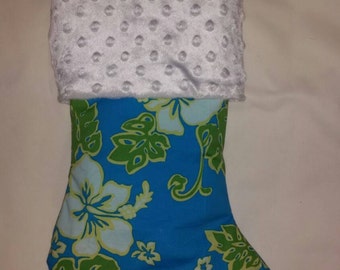 SALE SALE 50% Off Hibiscus Christmas Stocking, Aqua Stocking, Island Christmas Stocking, Beach Stocking, Tropical Christmas Stocking