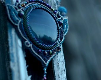 Bead embroidery necklace fluorite beadwork art jewelry bead embroidered neckpiece beaded jewelry Modern style neckpiece Elven forest