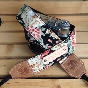 DSLR camera strap,Black Orange flower Camera Strap, leather camera Strap Gift for her