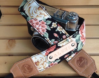 DSLR camera strap,Black Orange flower Camera Strap, leather camera Strap Gift for her