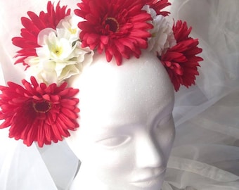 Red and white wedding flower crown fantasy bridal headpiece