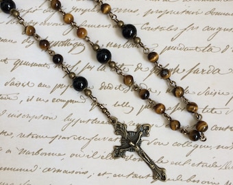 Five Decade Tiger Eye with Onyx gemstone rosary with Miraculous Medal in Antique Bronze
