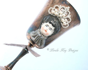 Queen Doll Head Goblet Wine Glass Vase Vintage Silver Plate Cup Lorelie Kay Designs Original