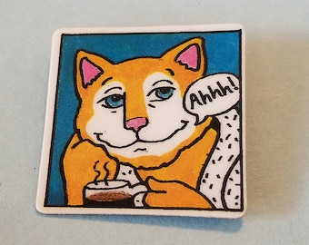 Vintage RL Baldwin Cat pin, Cat pin, Cat with cup of coffee pin, RL Baldwin pin