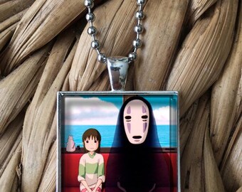 Chihiro and No Face Ghibli Spirited Away Glass Pendant Necklace