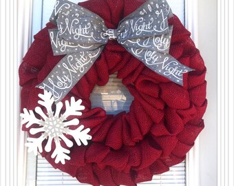 Christmas Wreath - Winter Wreath, Red with Merry Christmas Ribbon , Holiday Burlap Wreath - Merry Christmas Wreath, silent night wreath