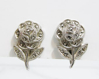 Vintage Earrings: Sterling Marcasite Flowers Screw Back Earrings
