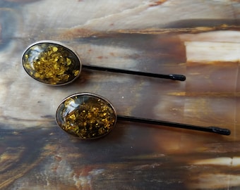 Vintage Sterling Silver and Dark Yellow Baltic Amber Hairpin (Hair Pin, Bobby pins) Set