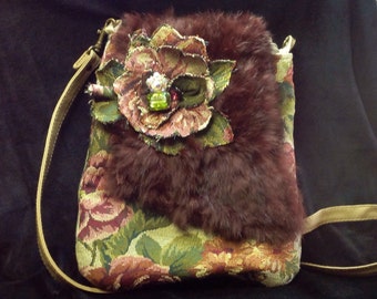 Brocade and Fur Cross-body Purse