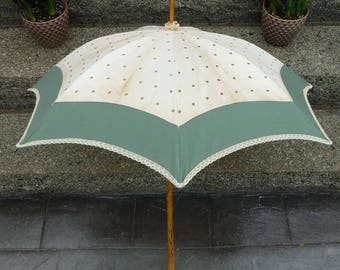 Antique Parasol Umbrella with wood handle restored with mostly original fabric included, green dots circa 1890