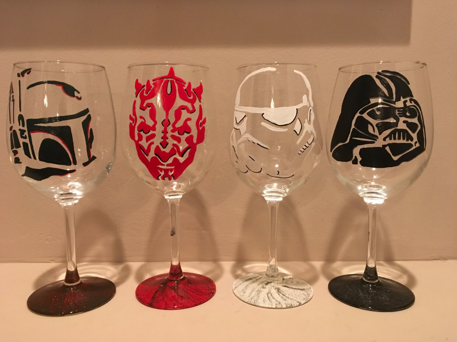 Set of hand painted Star Wars Villains wine glasses includes