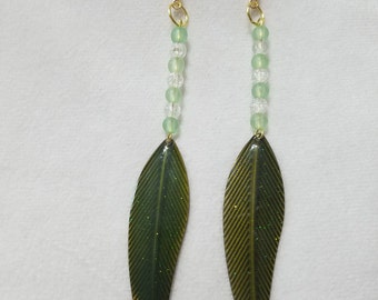 Green & White Leaf Earrings