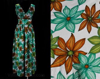 Size 10 Sun Dress - 1960s Green Daisy Print Summer Empire Maxi - Soft Silky Lightweight - 60s Sleeveless Dress & Sashes - Bust 36 - 47401