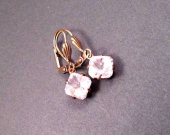 Rhinestone Earrings, White Glass Stones and Brass Dangle Earrings, FREE Shipping U.S.