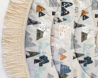 Baby Play Mat - MADE TO ORDER - Mountain Adventure Blue Grey / Blue Gray Round Fringe Play Mat/Padded Playmat /Tummy Time Mat /Baby Activity