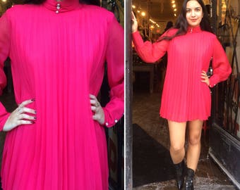Vintage 1960s Magenta Pleated Balloon Sleeve Mini Dress