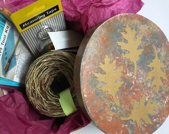 Organizer, knitting Adventures in Yarn gift box for knitter crocheter, wpi tool, tapestry needles, tape measure, autumn leaf box