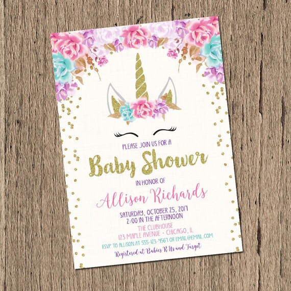 5x7 print cardstock invitation baby Unicorn shower invitation baby shower girl