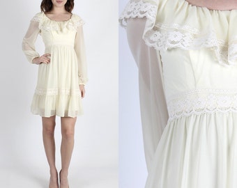 Boho Dress Hippie Dress 70s Dress Mini Dress Wedding Dress Festival Dress Vintage Dress Sheer Cream Dress Boho Ruffle Party Mini S