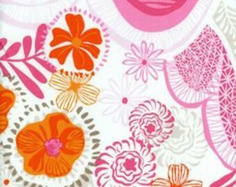 Pink and Orange Floral Cotton Fabric, Daisy Pansy Flowers, Daydream Hills and Valleys in Pink, Kate Spain, Moda Fabrics, 1 Yard or More