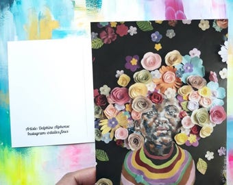 Postcard, portrait, afro, flowers