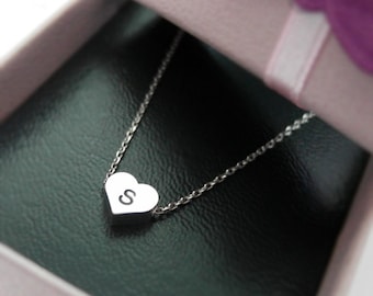 Initial Heart Necklace in white gold, personalized necklace, Hand Stamped Initial